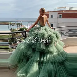 Extra Fluffy Mint Pleated Tulle Prom Gowns With Handmade Flowers Sexy Backless Feather Formal Party Dress Pretty Bridal Dresses