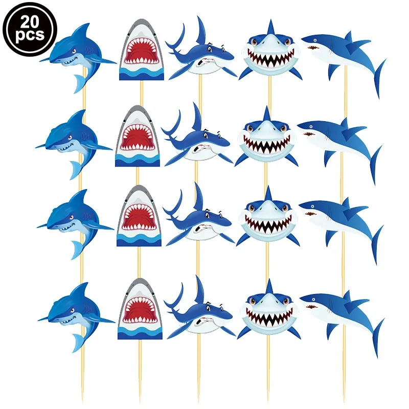 24pcs Nautical Theme Blue Shark Cupcake Toppers Cake Wrapper Shark Birthday Party Cake Toppers for Baby Showers Party Decortions