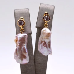 Real Baroque Earrings Rectangle Purple Natural Freshwater Pearl Cubic Zirconia Gold Plated Women Earrings Fashion Jewelry
