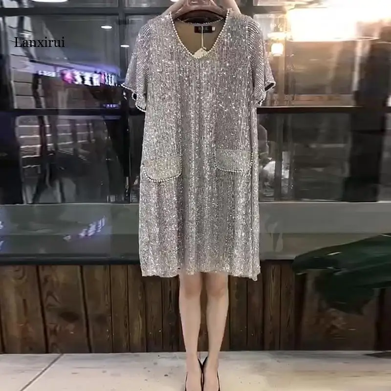 3XL-6XL European Summer New Loose Slim Sequined Beaded Short Sleeve Mid Length Dresses Women Fashion Streetwear