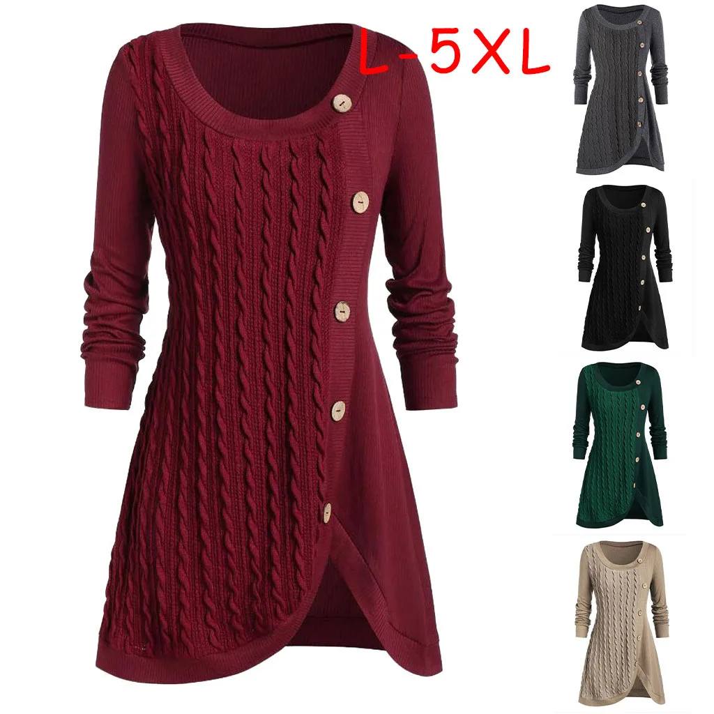 Oversized 5XL Winter Solid Buttons Tunic Sweater Women O-Neck Long Sleeve Pachwork Asymmetric Tops Knitted Sweater Female Jumper