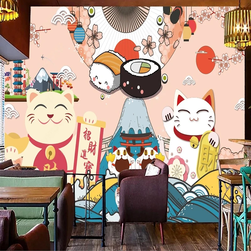 Custom Any Size 3D Photo Wallpaper Japanese Style Sushi Beckoning Cat For Food Restaurant Background Wall Papel De Parede Tapety