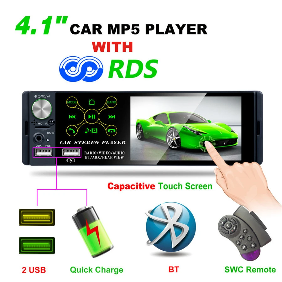 

Автомобильный MP5 радиоприемник с сенсорным экраном 4,1 дюйма, Bluetooth, AM, FM-радио, RDS, поддержка сабвуфера, микрофон, задняя камера с 8 светодиодами