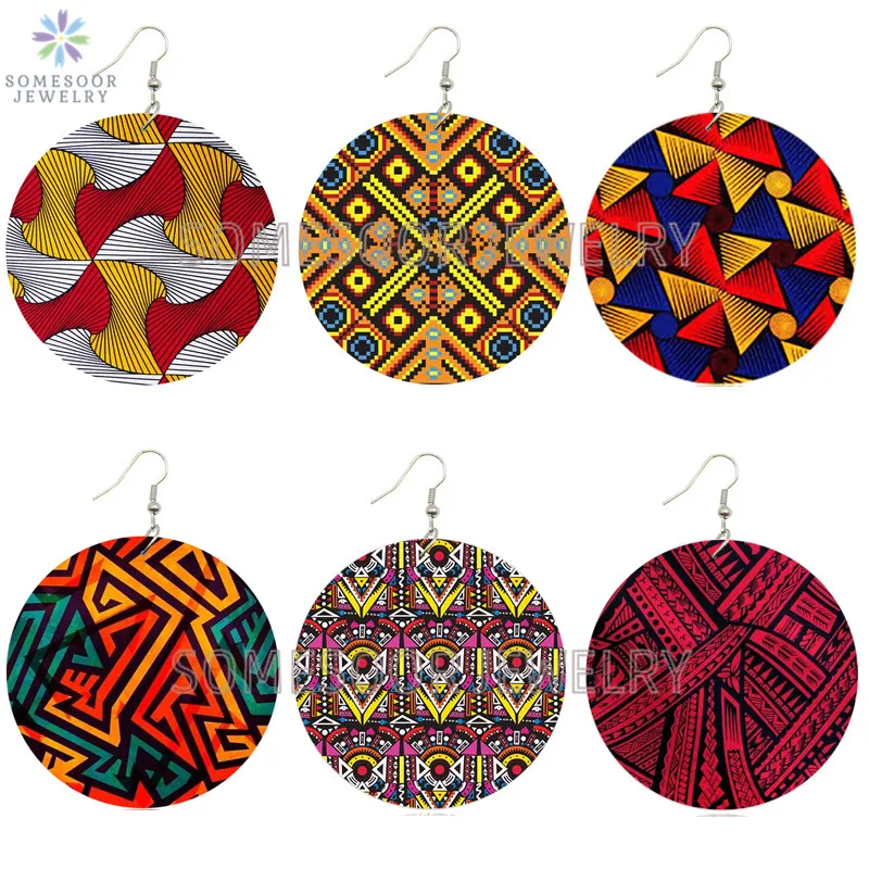 SOMESOOR Afrocentric Ethnic Bohemian Design Wooden Drop Earrings Fabric Pattern Both Sides Printed Ear Loops For Women Gifts