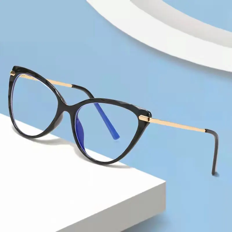 BLue Light Blocking Fashion Eyeglasses Woman Cat-Eye Optical Eyewear Full Rim Plastic Front Frame Rim and Alloy Temple Arms