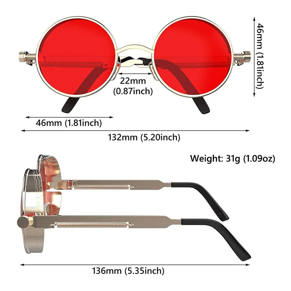 Kacamata hitam bulat bingkai logam, kacamata pelindung UV400 Gotik Steampunk, aksesori modis