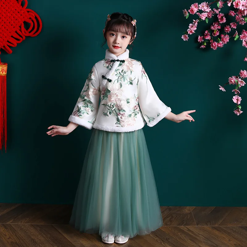 

Winter Children Chinese Lovely Ancient Hanfu Kids Thick And Quilted Embroidery Tang Suit Girls Perform Costumes Dance Clothes