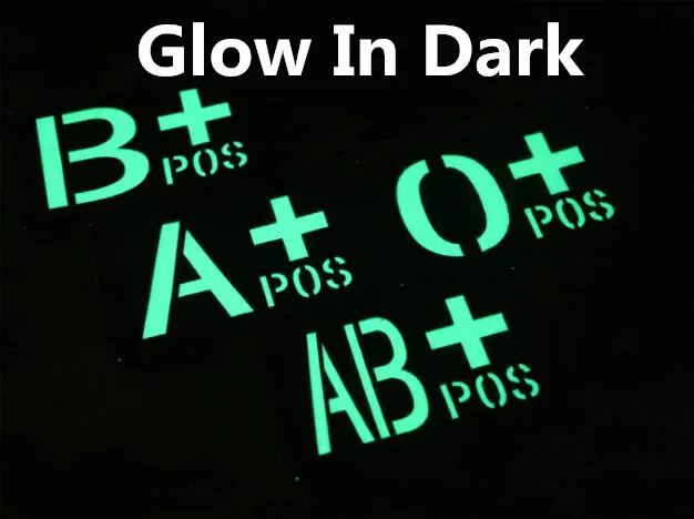 GLOW IN DARK SWAT ARMY Military Blood Typ Patch A+ B+ AB+ O+ A B O AB POS Hook & Loop Blood Group PATCH Luminous