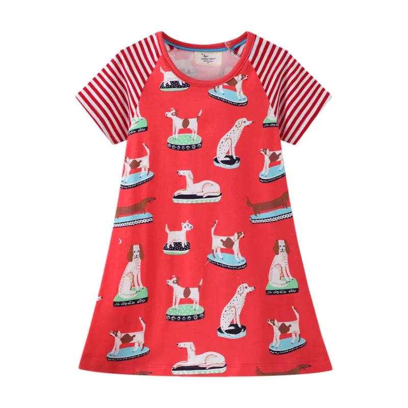 Jumping Meters New Arrival Girls Dresses Dogs Print Red Baby Clothes Summer Cotton Children's Frocks Casual Kids Frocks