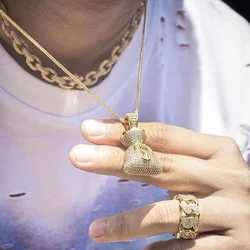 New Silver Color Money Bag Pendant Necklace With Tennis Rope Chain Iced Out Bling Cubic Zirconia Charm Hip Hop For Men Jewelry