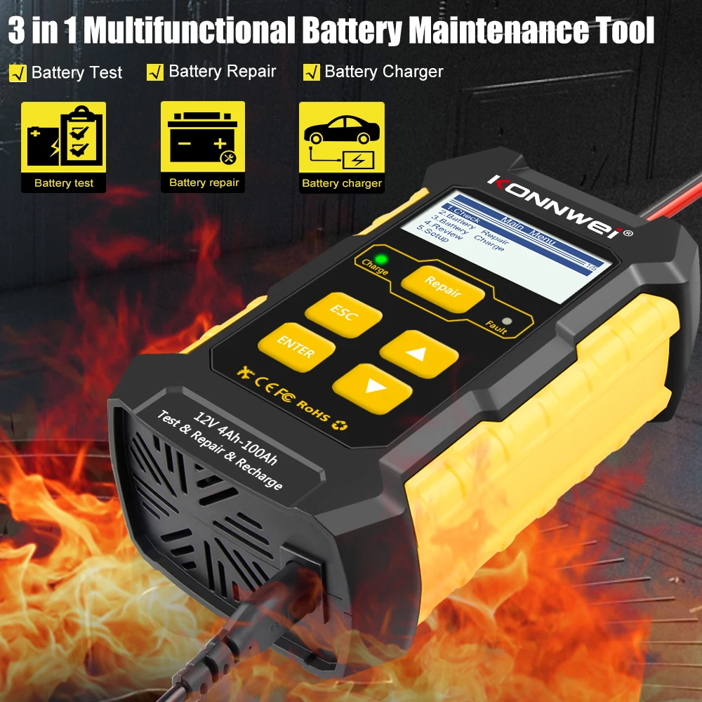 KONNWEI KW510 12V 5A Full Automatic Car Battery Tester Pulse Repair Charger Wet Dry Lead Acid Car Battery Repair Tool Agm Gel