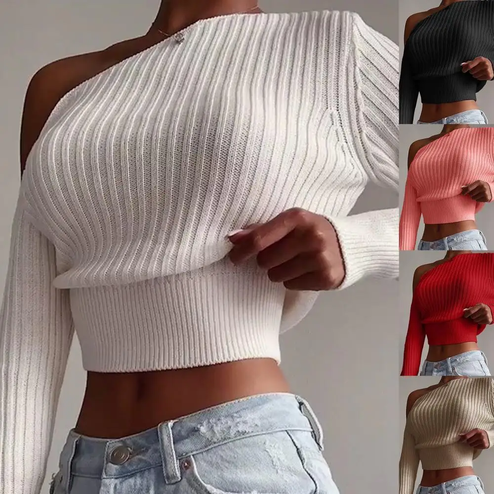 Women Sexy Off Shoulder Sweater Fashion Solid Color Long Sleeve Ribbed Knitted Pullover Winter Jumper Casual Tops Fashion 2021