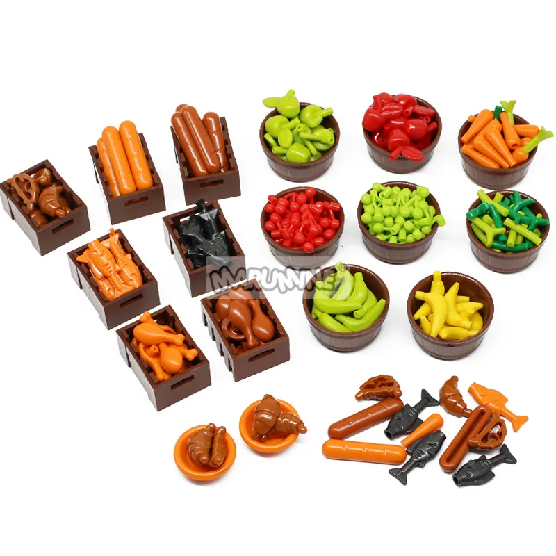 MOC Building Blocks Accessories Bulk  Bricks Parts Food Fruit Apple Banana Frish Dish Bread Drumstick Hot Dog for Construction