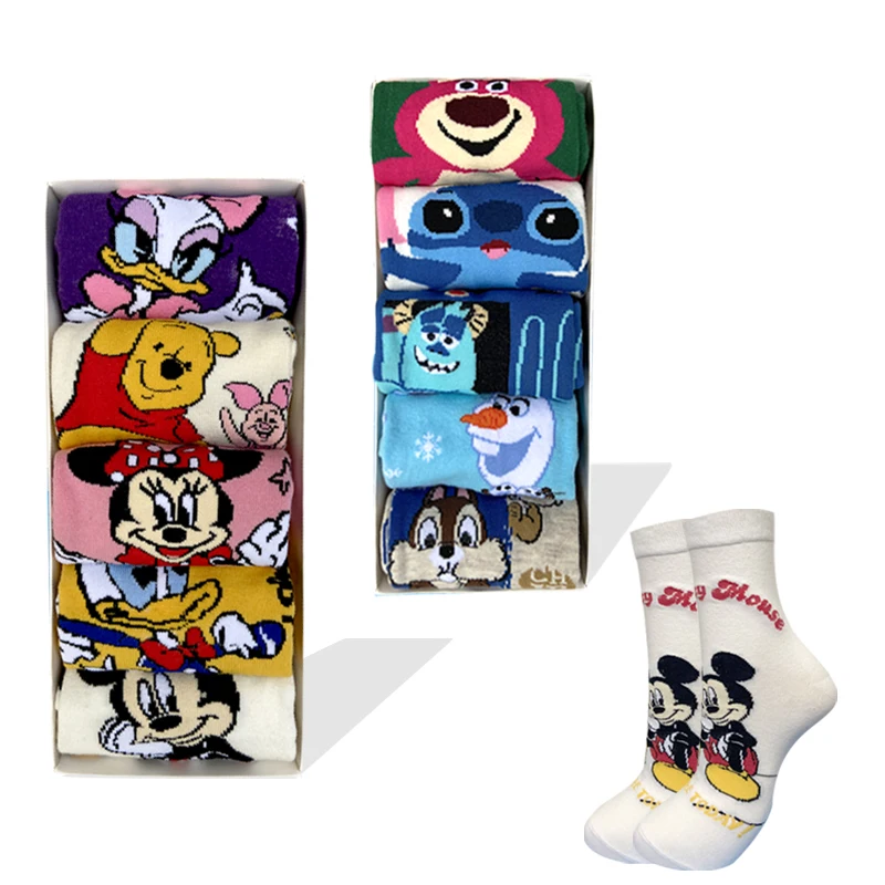 10 pair Disney Casual cute women socks Mickey Stitch cotton long socks Cartoon Animal sock for women Kawaii girl sock size 35-42