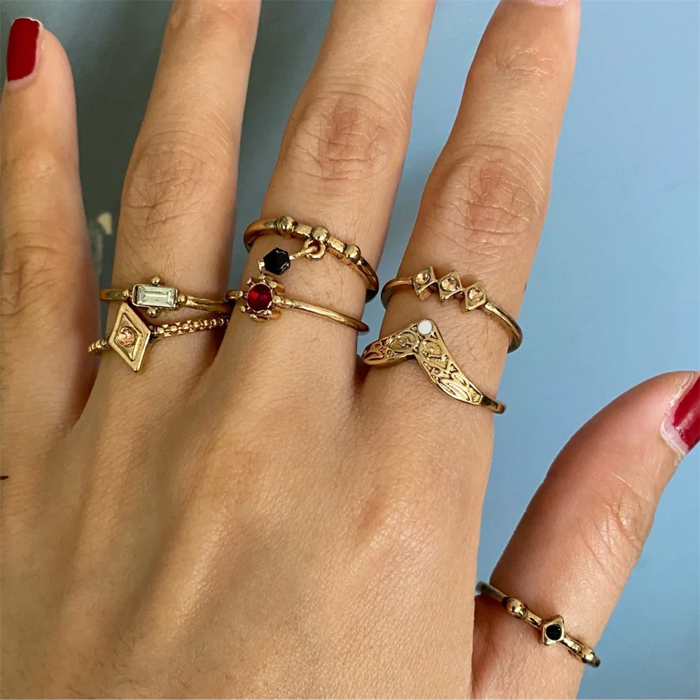 Trendy Antique Gold Color Plating Stone Paving 7 Pcs Multi Pack Ring Set For Women Girl Statement Bohemia Casual Vintage Jewelry