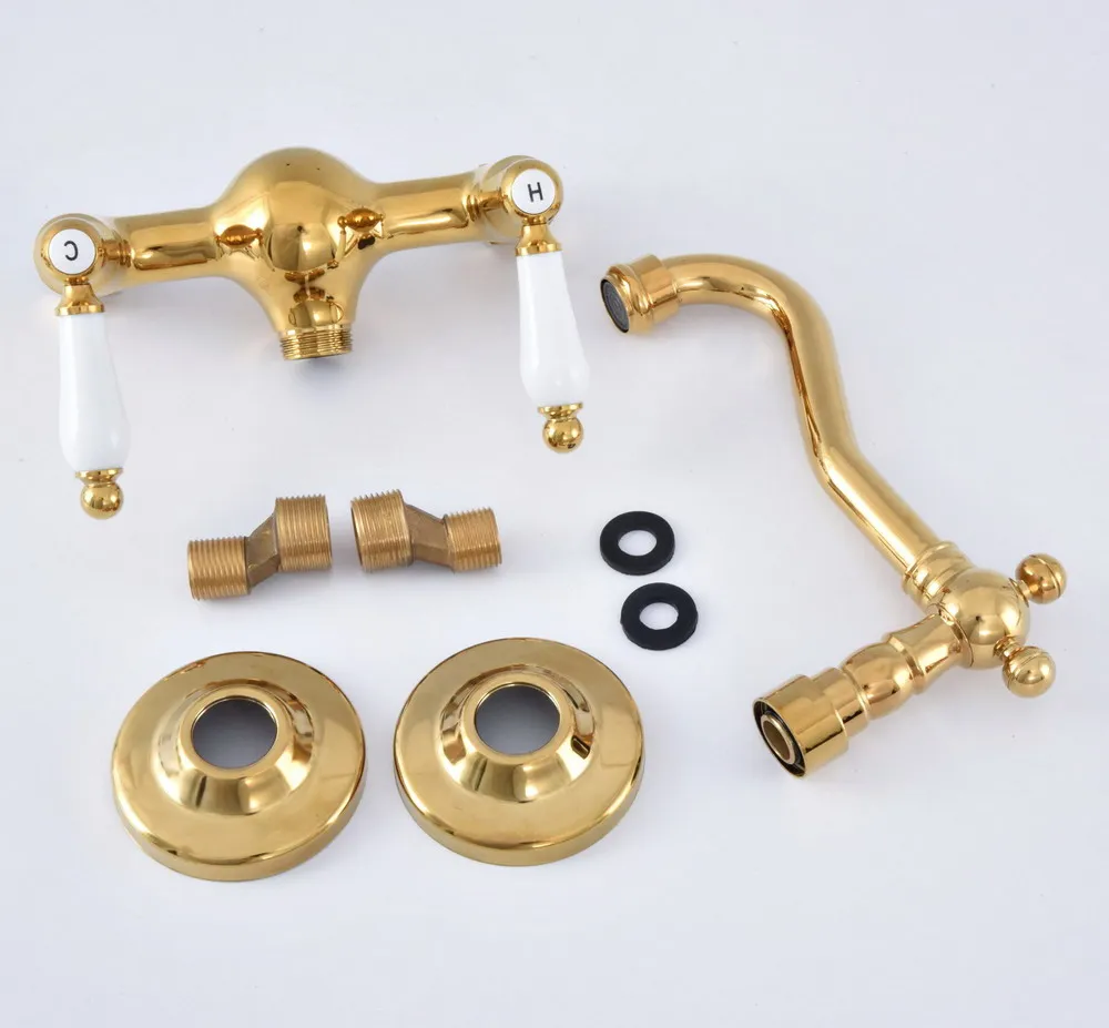 Polished Gold Color Brass Wall Mounted Double Ceramic Handles Bathroom Kitchen Sink Faucet Mixer Tap Swivel Spout asf615