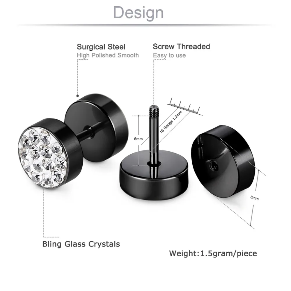 Ohrstecker mit tschechischen Kristallen für Jungen, Edelstahl, Herren-Ohrringe, schwarze Farbe, Ohrstöpsel, Langhantel-Ohrpiercing, Unisex-Schmuck – Detail 1