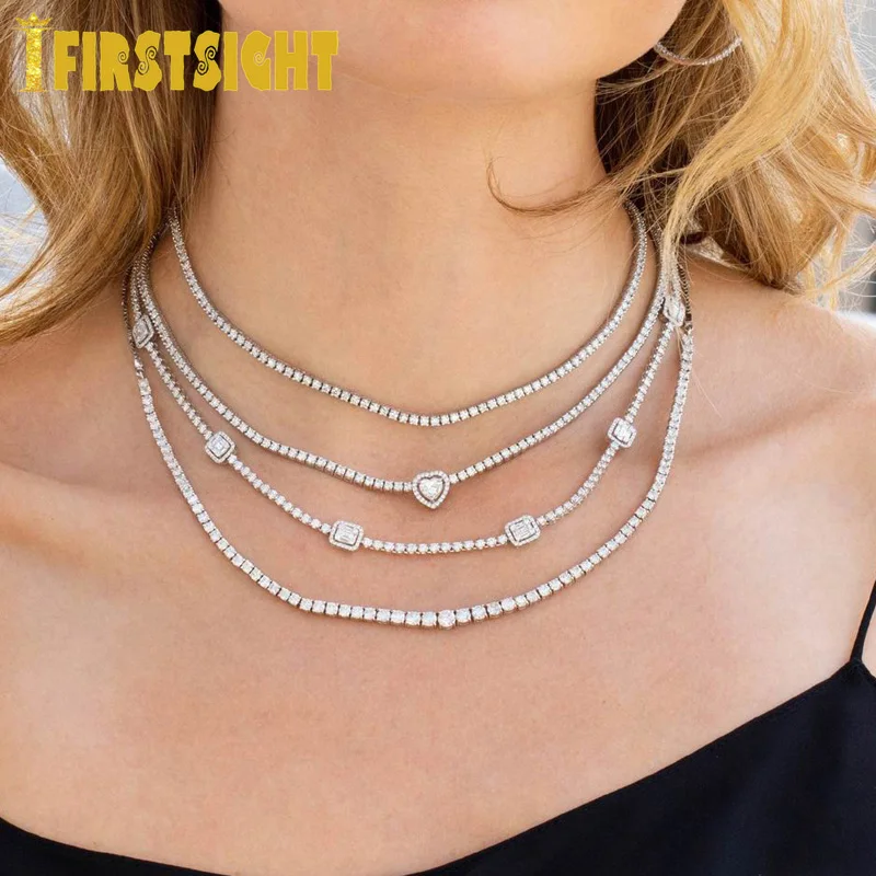 

New Gold Silver Color Heart Pendant Necklace With 3mm Tennis Chain Iced Out Bling 5A Cubic Zirconia Heart Choker Women Jewelry