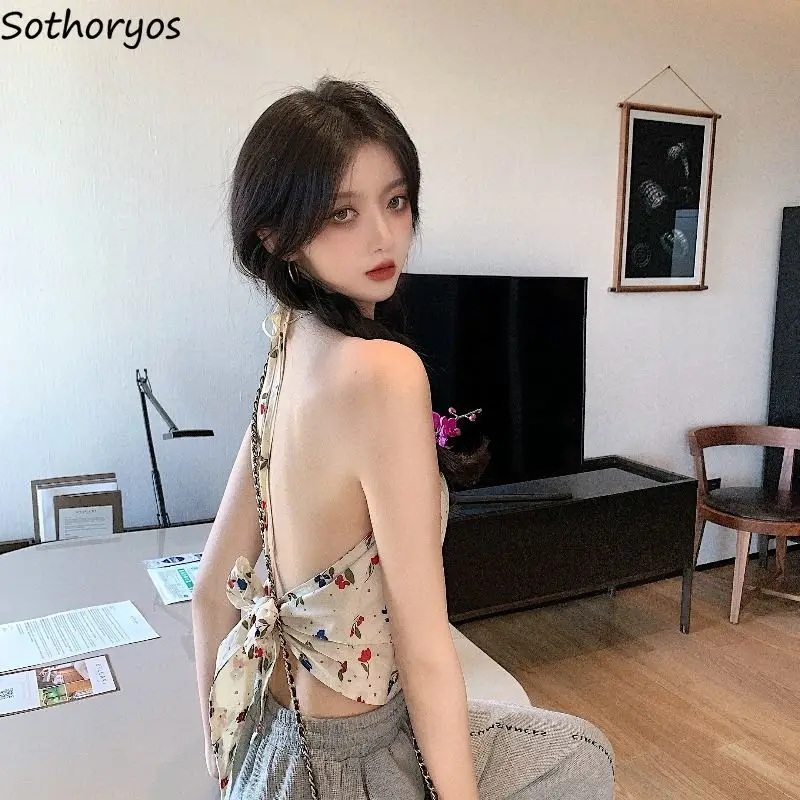 Camis Women Sexy Backless Sleeveless Halter Lace-up Bow Elegant Print Chic Simple Female Summer All-match Ulzzang Top Streetwear