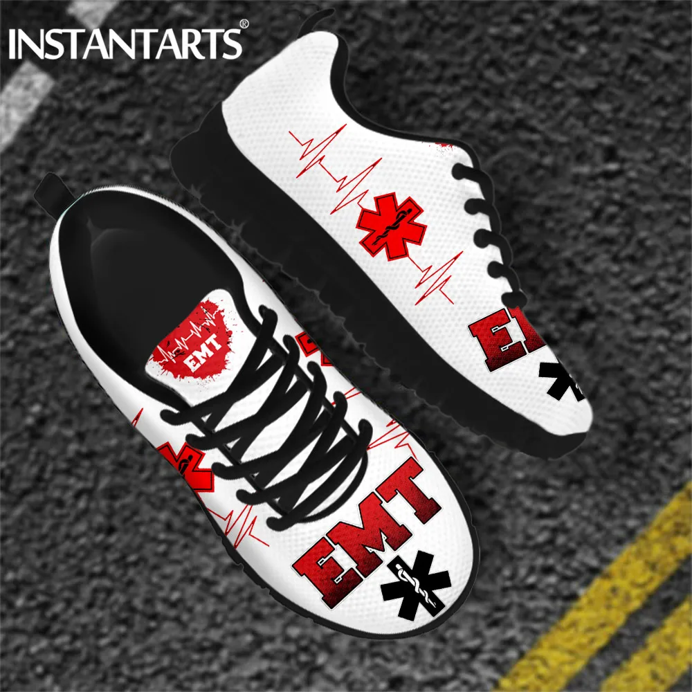 INSTANTARTS Casual Woman Nurse Shoes Paramedic Heartbeat EMS EMT Doctor Medicine Design White Flats Sneakers Female Mesh Loafer