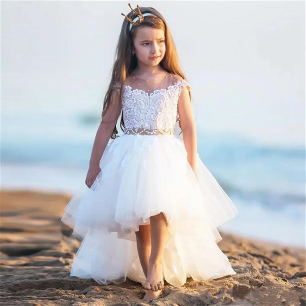 Cute White Flower Girl Dresses Lace Applique Ruffles High Low Little Girl Fluffy Birthday Party Cascading Pageant Dresses