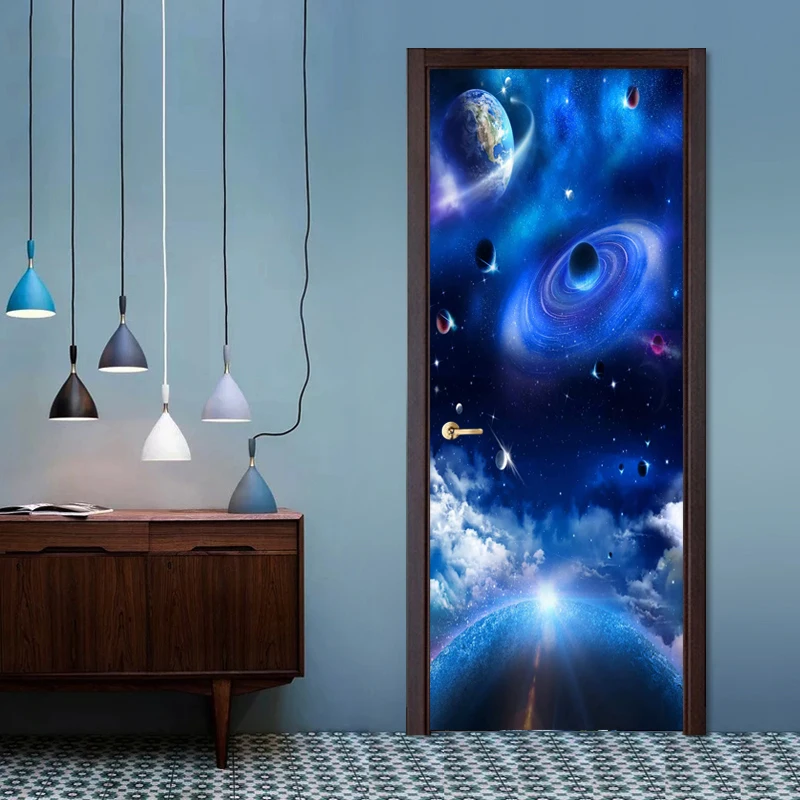 PVC Self-Adhesive Waterproof Door Sticker 3D Universe Starry Sky Creative Living Room Children's Bedroom Home Decor Door Decal