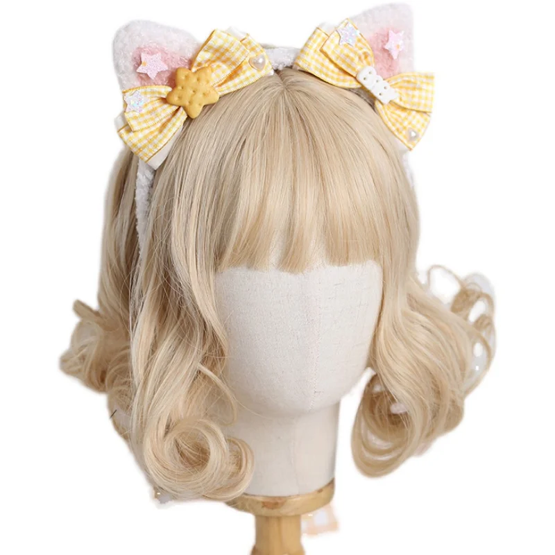 Japanese Handmade Sweet Soft Girl Lolita Pink Blue Cat Ear Headband Hair Accessories Cute Lolita Bow KC Headdress