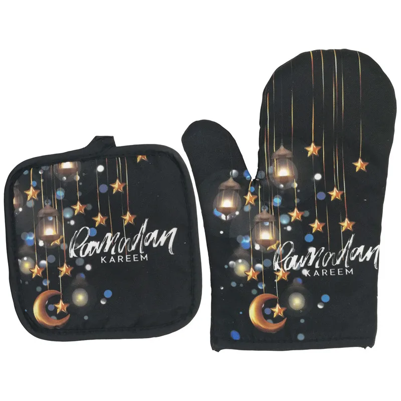 2Pcs Eid Mubarak Ramadan Kareem Baking Anti-Hot Gloves Islamic Muslim Oven Dining Kitchen Mat Eid Al-Fitr Party Decor Supplies