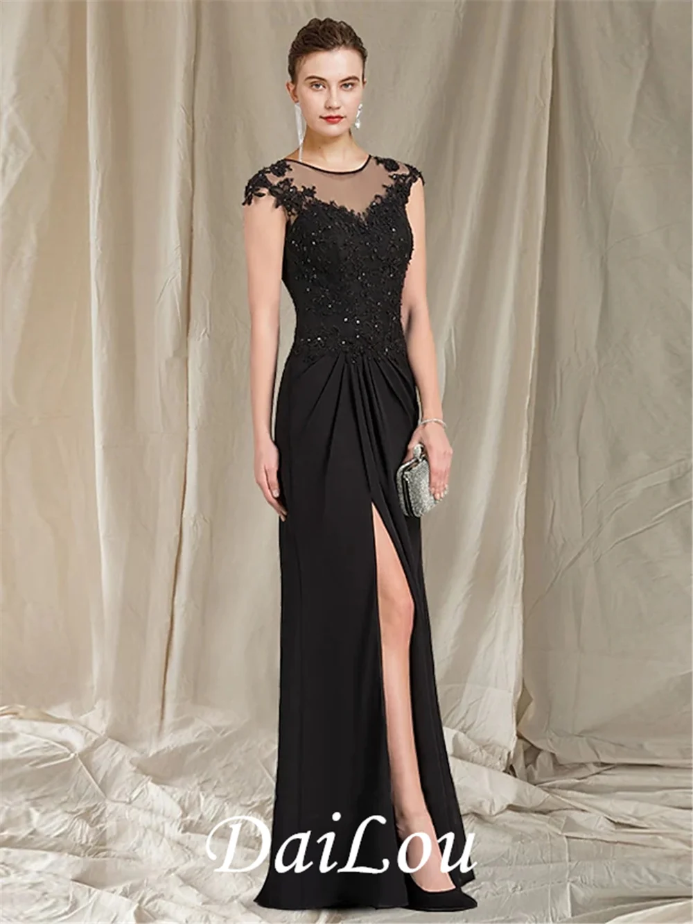 Mantel/Spalte Mutter der Braut Kleid Elegante Jewel Neck Bodenlangen Chiffon Spitze Kurzarm mit Appliques Split vorne