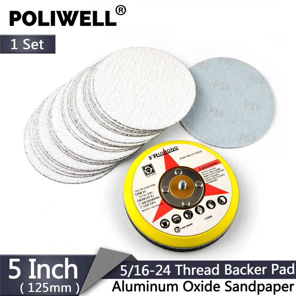 

5-дюймовые 125 мм Шлифовальные Диски с сухим крючком и петлей из оксида алюминия + подкладка с резьбой 5/16-24 + буферная подушка из мягкой губки 22 шт./компл.