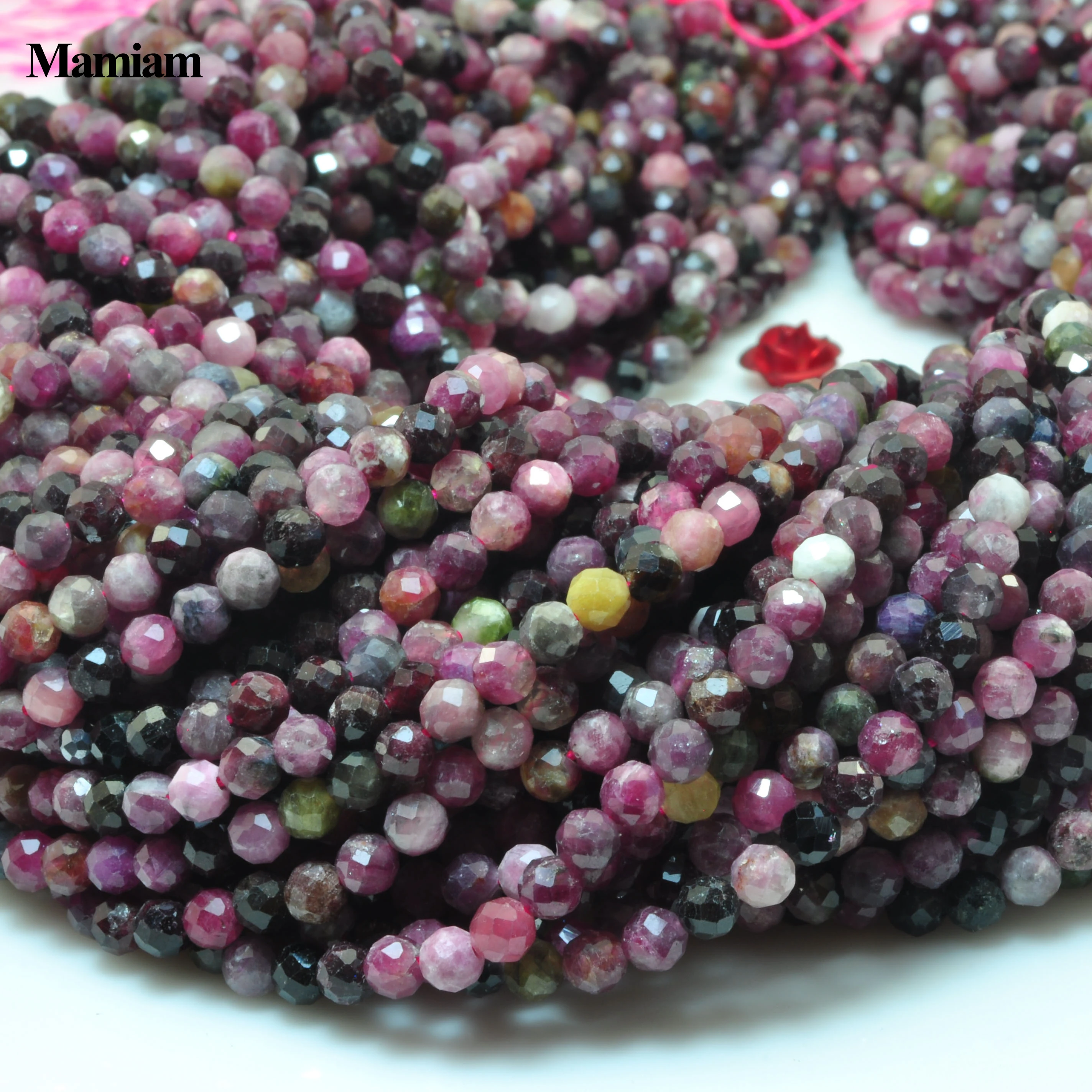 Mamiam Natural Colorful Tourmaline Faceted Round Stone Smooth Beads 3.8+-0.2mm Diy Bracelet Necklace Jewelry Making Gift Design