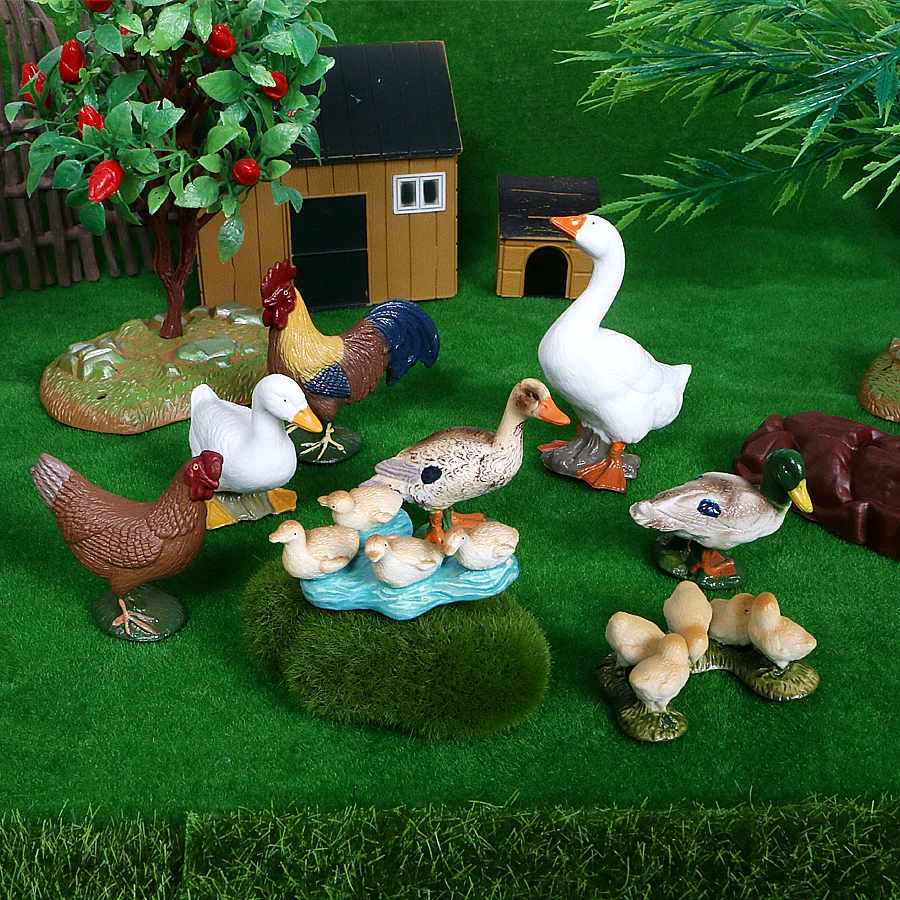 Miniature Farm Animal Set PVC Models Chicken Fowl Duck Goat Tree Models Action Figures Figurines Educational Toys For Kids