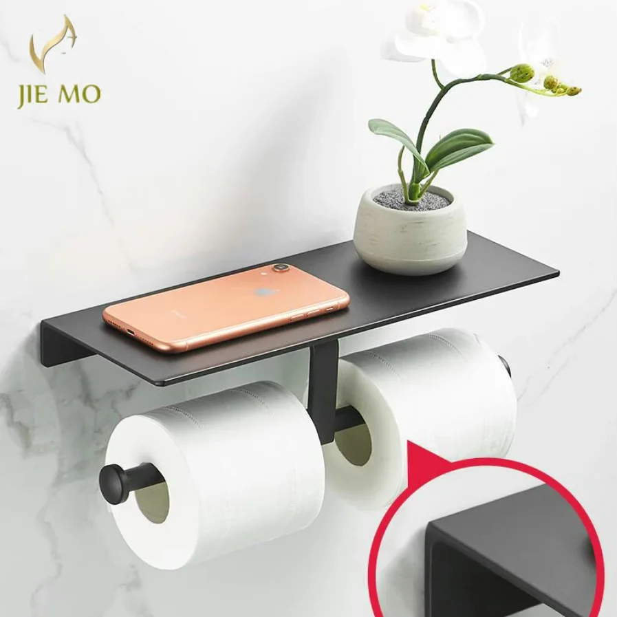 Space Aluminum Black Paint Double Paper Holder Wall Mounted Bathroom Accessories Phone Rack Toilet Shelf roll holder wall shelves magazine rack magazine bookcase floor filing subject shelf tier standing sujeta libros estanteria furniture