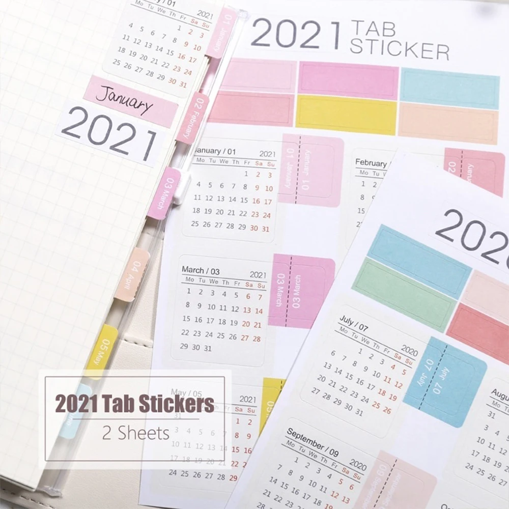 2Sheets  2021 Calendar Notebook Index Stickers Functional Planner Monthly Schedule Agenda Bookmark Stationery Stickers