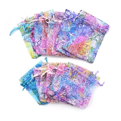 Bolsas de joias multicoloridas de tule, saco de cordão para presente de casamento, saquinho de organza, mostrador de embalagens de joias e bolsas para joias, 50 peças