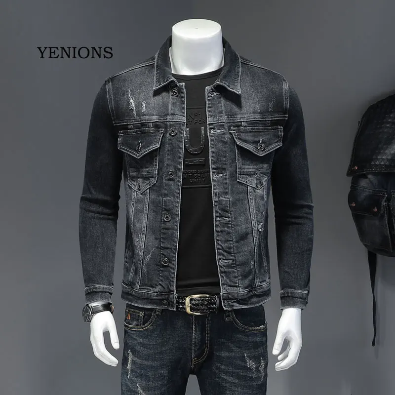 Mùa Xuân Nam Denim Áo Xanh Dương Xám Cotton Turndown Cổ Áo Dài Tay Ôm Quần Áo Xe Máy Da Bò Jeans Nam Thương Hiệu