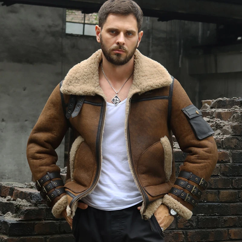 Denny&Dora New Mens Sheepskin Shearling Jacket B3 Flight Jacket Short Fur Coat Winter Hunting Jacket Brown Leather Jacket