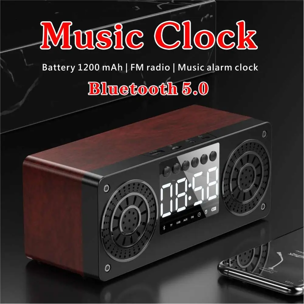 Bluetooth Wireless Speaker Tf Wooden Subwoofer Lcd Digital Clock Bedside Clock Alarm Clock Table Clock Decoration Speaker Tf Fm