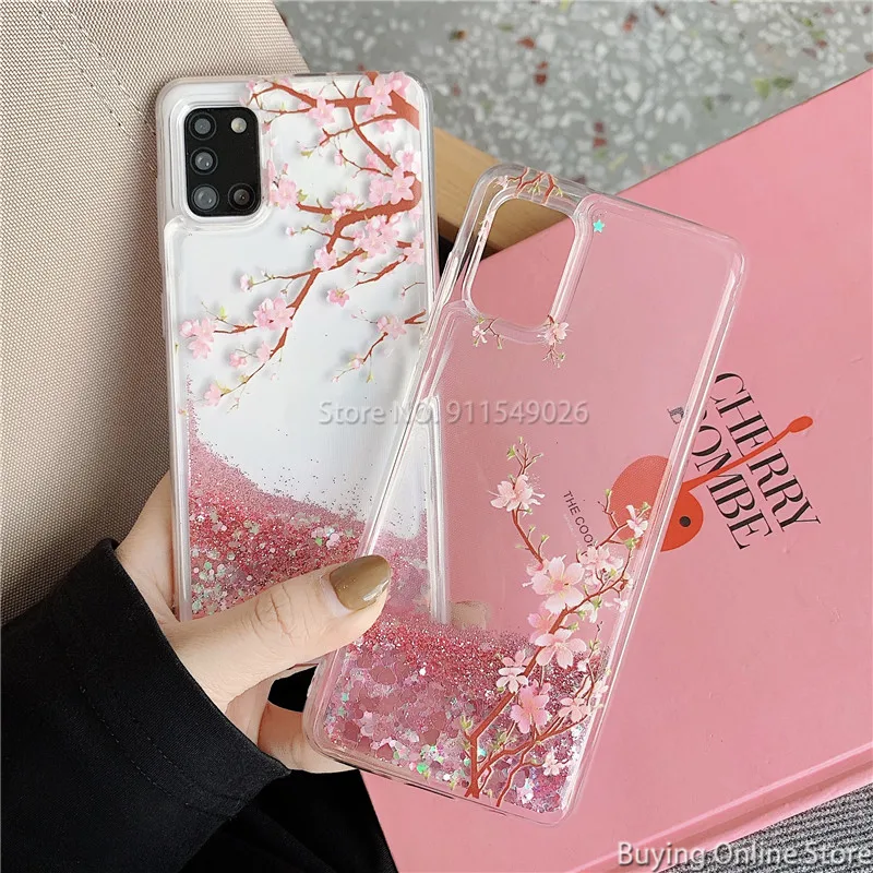 Shiny Glitter Liquid Quicksands Cover For Samsung Galaxy A21S A11 A31 A51 A81 A91 A71 SM- A715F Cases Clear Pink Cherry Blossoms