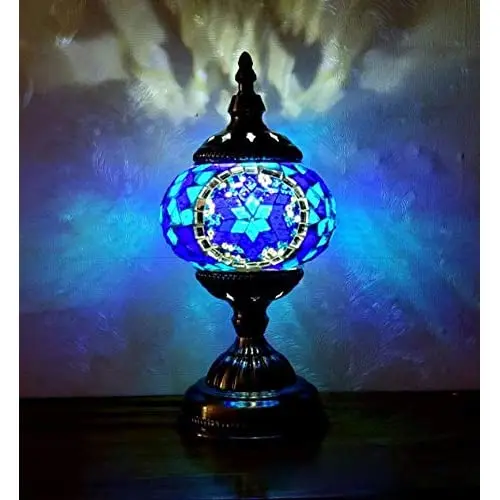 

LaModaHome New E14 Hand-Inlaid Turkish Mosaic Table Lamp,Vintage Art Deco, Handcrafted Lamp, glass Romantic Bed Light with Bronze