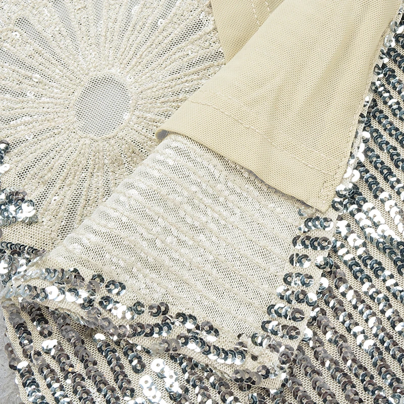 VC-Long Slip Dress with Silver Sequins, Ruffles Design, Sexy V Neck, Backless, Celebrity Party, Club Maxi, Chic
