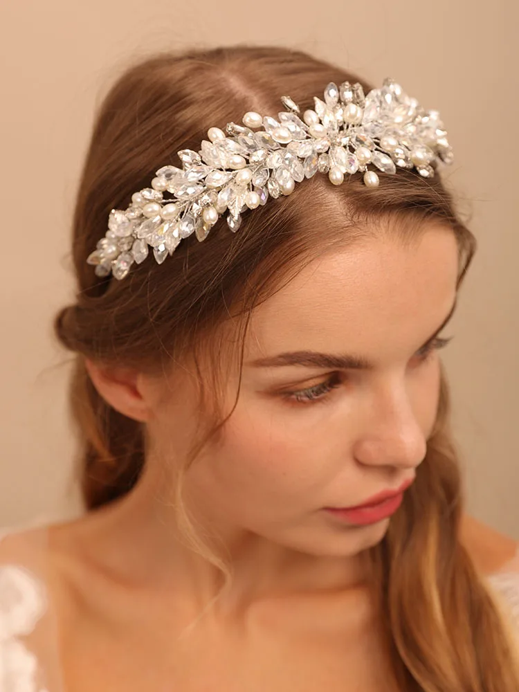 Silver Women Crystal Headbands Beads Head Accessories Hairbands and Earrings Set Leaves Beauty Wedding Ornaments Bridal Headwear