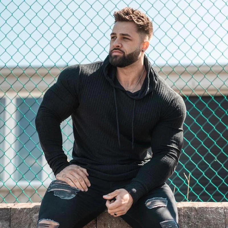 New Spring Fitness Hooded Sweaters Men Warm Turtleneck Sweaters Slim Fit Sports Pullover Men Sweater Gym Knitwear Pull Homme