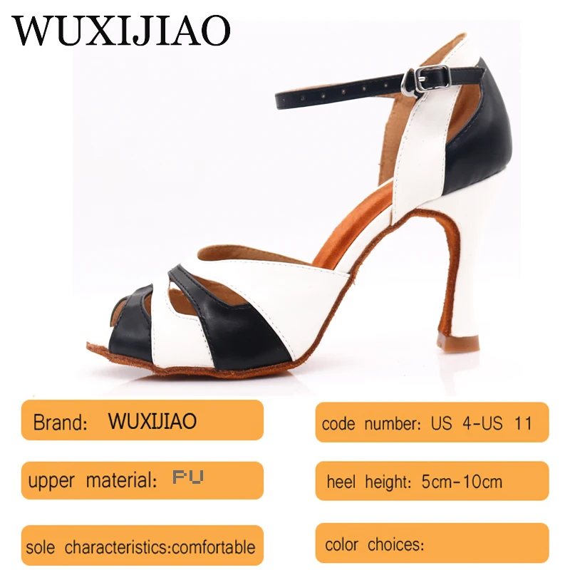 WUXIJIAO Women's Latin dance shoes with black and white PU fish mouth style high heels salsa shoes comfortable soft heel 9cm
