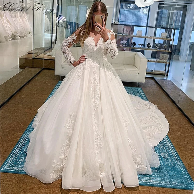 

Lceland Poppy A-line Wedding Dresses Scoop Neck Long Sleeves Lace Appliques Floor Length Vestido de Novia Bridal Gowns