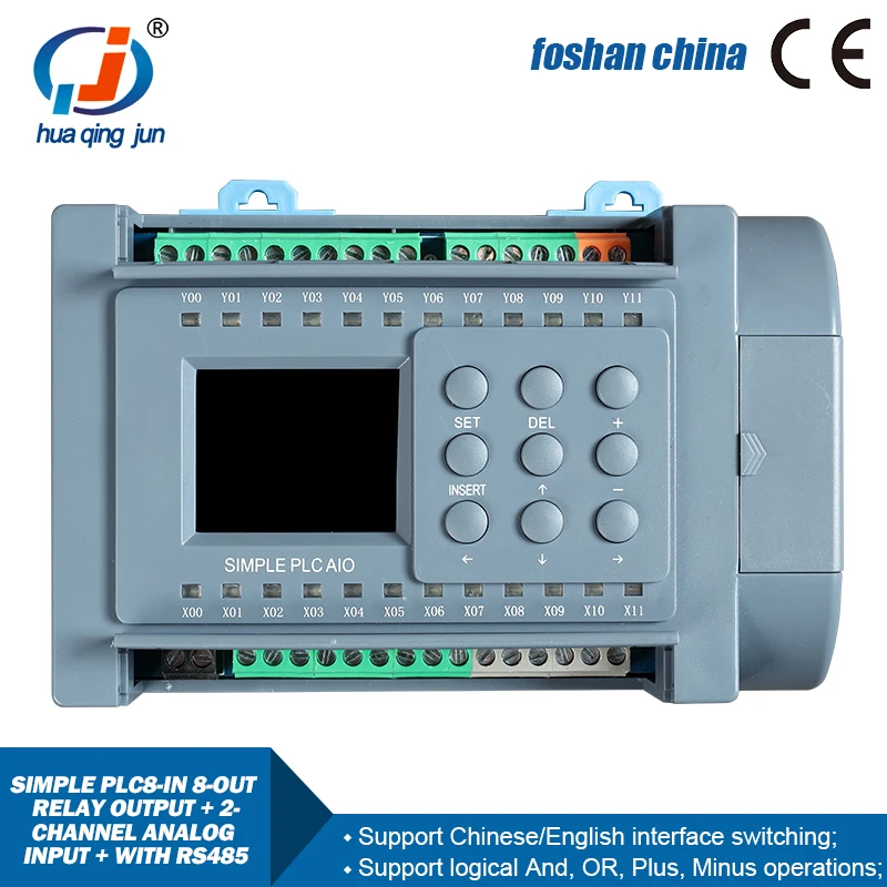 Huaqingjun 8DI 8DO Relay Output 2-Channel Analog Inputs 0-20mA 0-10V RS485 Communication Pulse Ouputs PLC for Stepper Motor