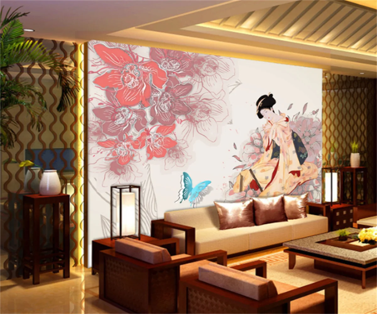 

Korean style beautiful three-dimensional peony lady background mural Japanese style 3D hotel decoration background wallpaper