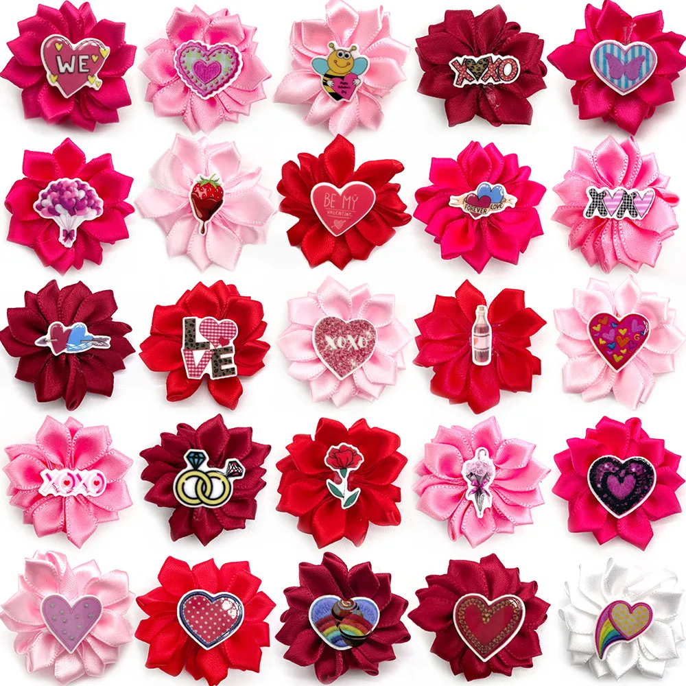 30/50pcs Valentine's Day Puppy Dog Yorkshire Flower Hair Bows Dog Rubber Bands Dog Hair Accessories Flowers Grooming Bows