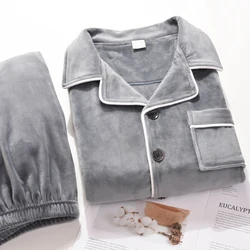 Winter Flannel Pajamas Men PJ Full Sleeves Homeclothes Warm Pijama Coral Fleece Sleepwear Thicken Soft Gray Pyjama Homme