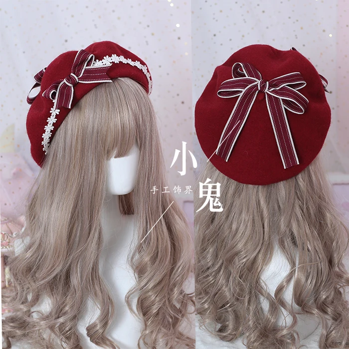 Japanese lolita girls beret female autumn and winter woolen sweet wild daisies hand-made bow bud